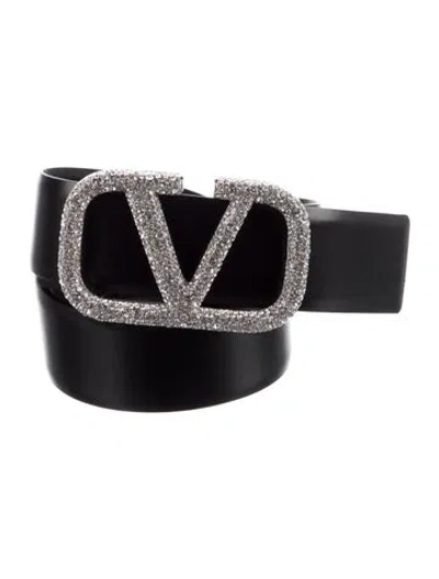 Pre-owned Valentino Garavani Leather Crystal Embellishments Belt In Black