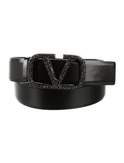 Pre-owned Valentino Garavani Leather Crystal Embellishments Belt In Black