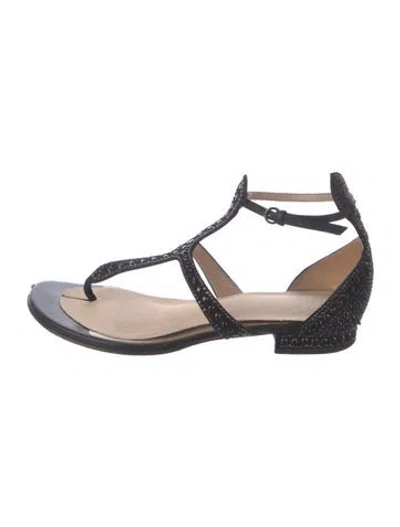 Pre-owned Valentino Garavani Leather Crystal Embellishments T-strap Sandals In Black