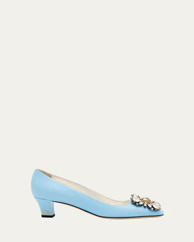 Valentino Garavani Leather Crystal Ornament Pumps In Baltic Seasilver