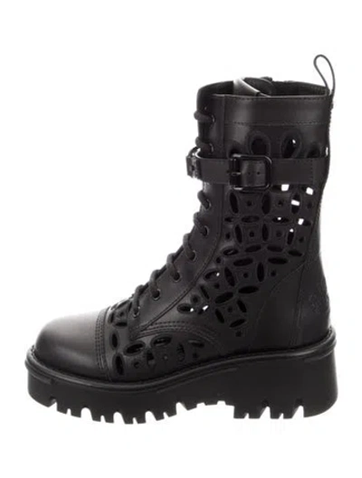 Pre-owned Valentino Garavani Leather Cutout Accent Combat Boots In Black