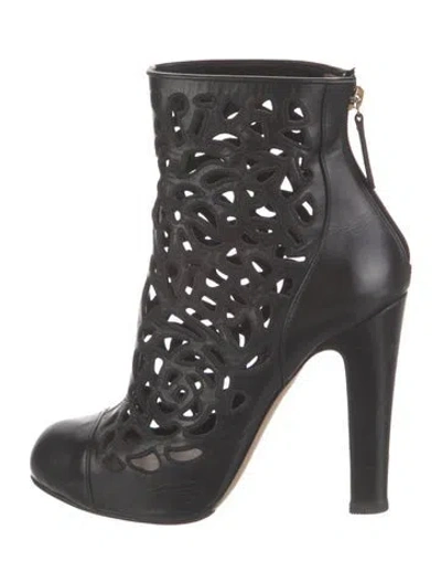 Pre-owned Valentino Garavani Leather Cutout Accent Lace-up Boots In Black