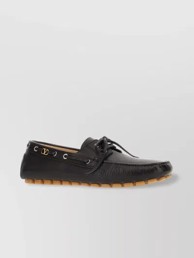 Valentino Garavani Leather Fastaway Loafers With Rubber Sole And Metal Eyelets In Black