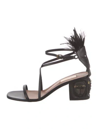 Pre-owned Valentino Garavani Leather Feather Trim Gladiator Sandals In Black