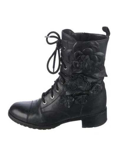 Pre-owned Valentino Garavani Leather Floral Print Combat Boots In Black