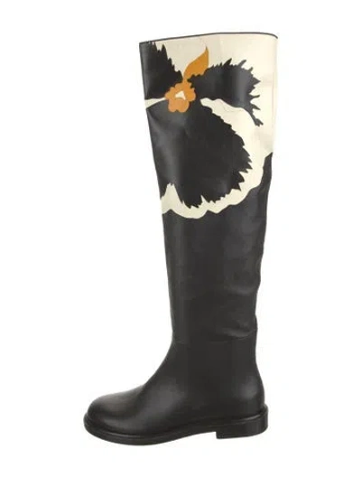 Pre-owned Valentino Garavani Leather Floral Print Riding Boots In Black