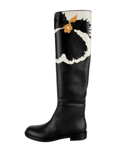 Pre-owned Valentino Garavani Leather Floral Print Riding Boots W/ Tags In Black