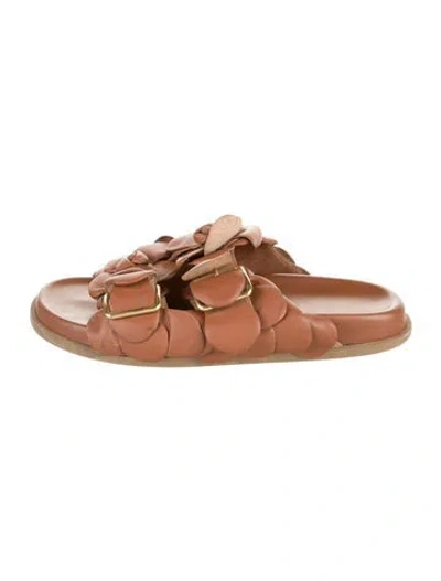 Pre-owned Valentino Garavani Leather Floral Print Slides In Brown