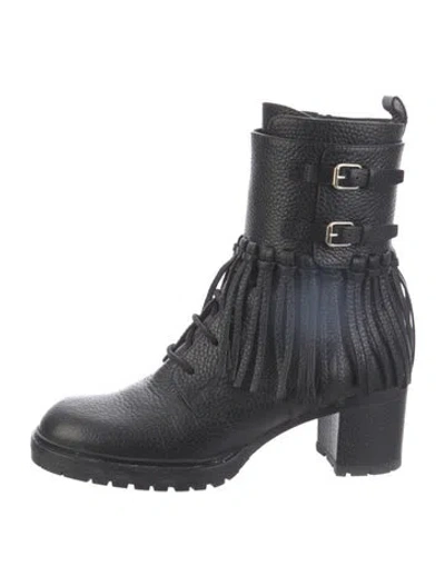 Pre-owned Valentino Garavani Leather Fringe Trim Accent Boots In Black