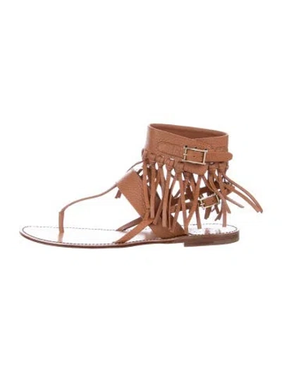 Pre-owned Valentino Garavani Leather Fringe Trim Accent Gladiator Sandals In Brown