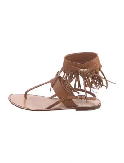 Pre-owned Valentino Garavani Leather Fringe Trim Accent Gladiator Sandals In Brown