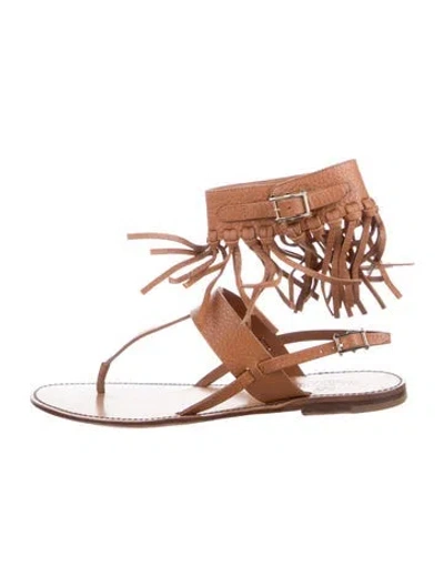 Pre-owned Valentino Garavani Leather Fringe Trim Accent Gladiator Sandals In Brown