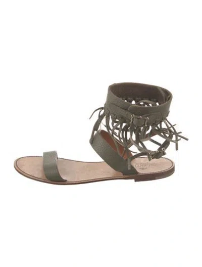 Pre-owned Valentino Garavani Leather Fringe Trim Accent Gladiator Sandals In Green