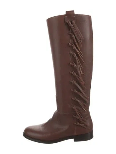 Pre-owned Valentino Garavani Leather Fringe Trim Accent Riding Boots In Brown