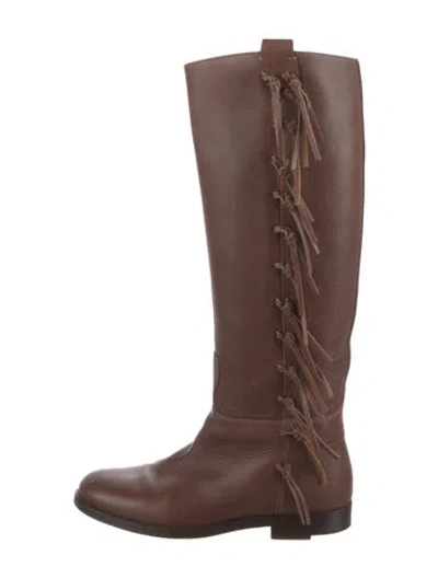 Pre-owned Valentino Garavani Leather Fringe Trim Accent Riding Boots In Brown