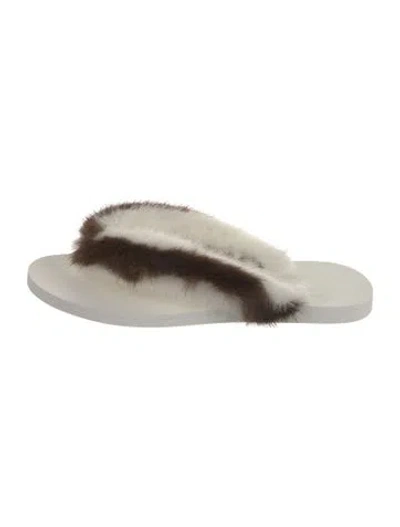 Pre-owned Valentino Garavani Leather Fur Trim Flip Flops In Neutrals