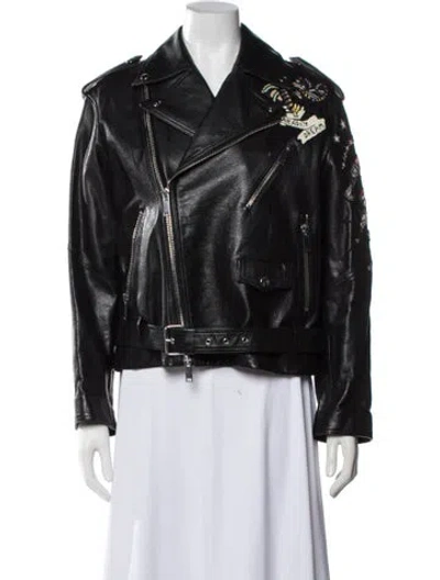 Pre-owned Valentino Leather Graphic Print Biker Jacket In Black