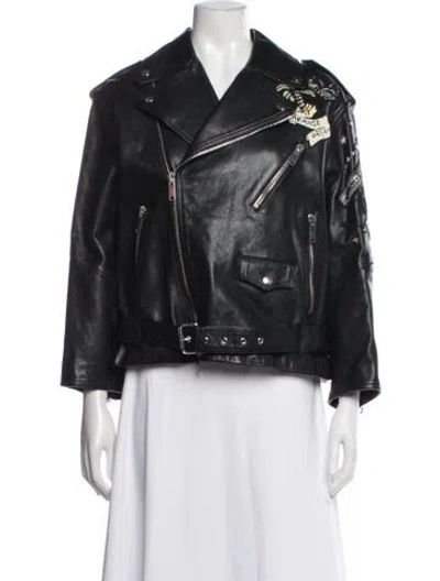 Pre-owned Valentino Leather Graphic Print Biker Jacket In Black