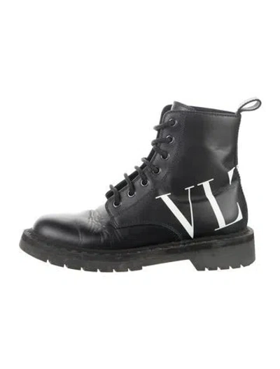 Pre-owned Valentino Garavani Leather Graphic Print Lace-up Boots In Black