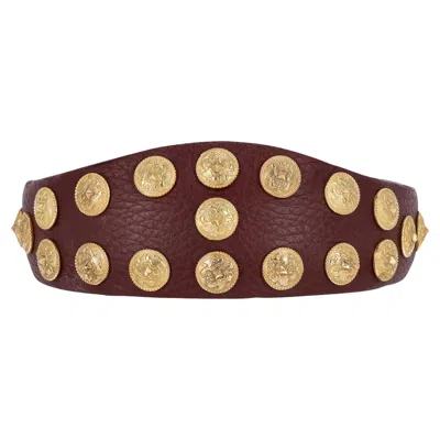 Pre-owned Valentino Garavani Valentino Leather Headband With Gryphon Stud Medallions In Brown