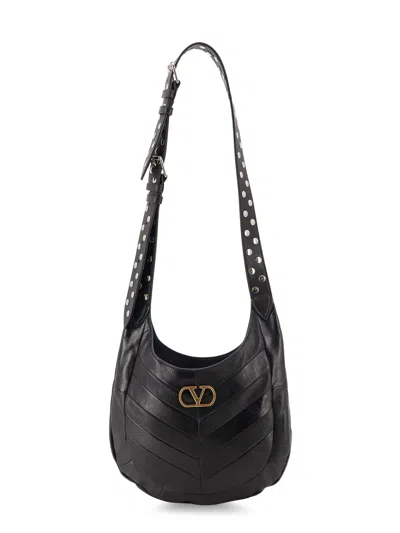 VALENTINO GARAVANI LEATHER HOBO CROSSBODY BAG WITH METAL VLOGO SIGNATURE
