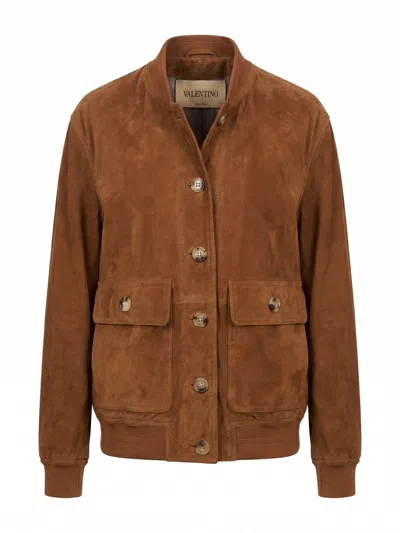 Valentino Long-sleeved Leather Jacket In Brown