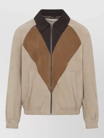 Valentino Leather Jacket Geometric Chest Detail In Neutral