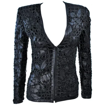 Pre-owned Valentino Leather Jacket With Cut Floral Design And Beaded Applique Size 38 2 In Black