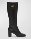 Valentino Leather Knee High Boots With V Logo In Black