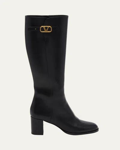 Valentino Garavani Leather Knee High Boots With V Logo In Nero