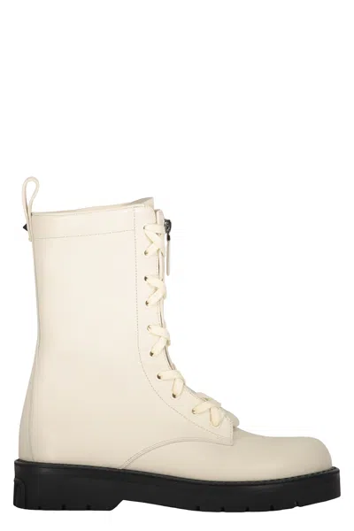 Valentino Garavani Leather Lace-up Boots In Ivory