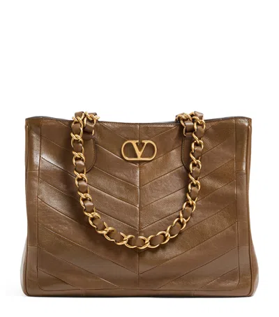 Valentino Garavani Leather Laseine Tote Bag In Brown