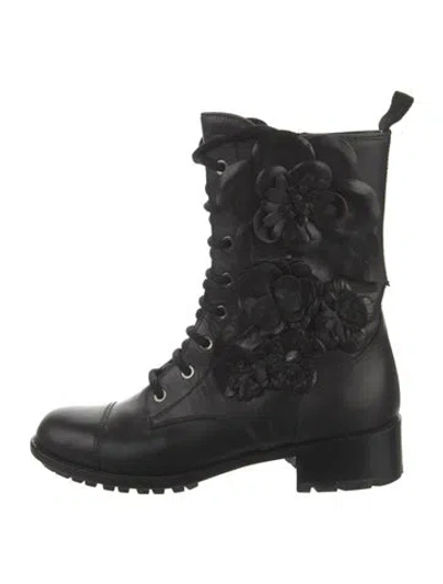 Pre-owned Valentino Garavani Leather Leather Trim Embellishment Combat Boots In Black