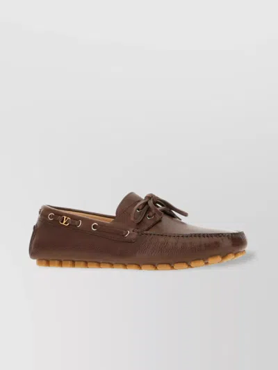 Valentino Garavani Leather Loafers With Bow Detail And Metal Eyelets In Brown