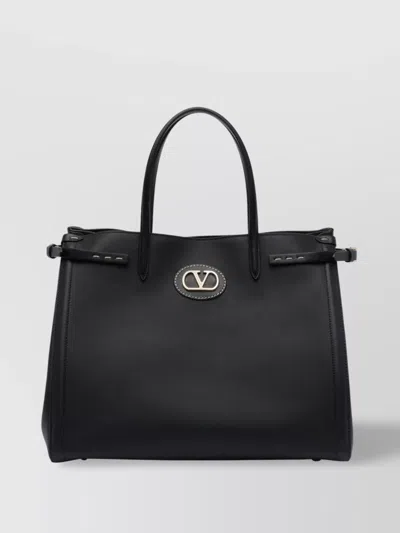Valentino Garavani Leather Medium Antibes Shopping Bag With 2 Handles In Black