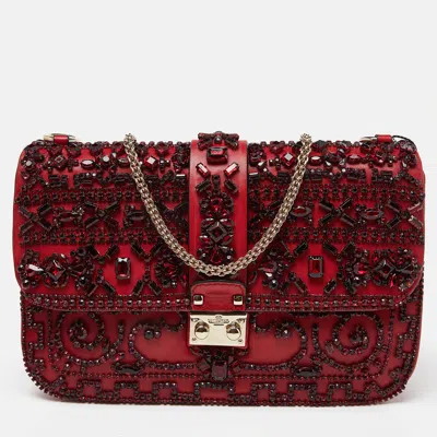 Valentino Garavani Leather Medium Rockstud Glam Lock Crystals Embellished Flap Bag In Red