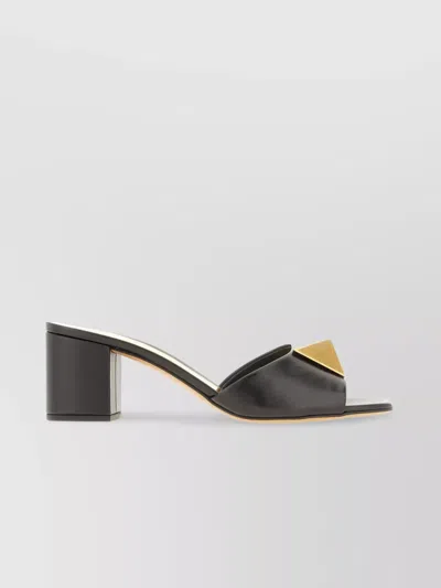 VALENTINO GARAVANI LEATHER MULES WITH BLOCK HEEL AND GOLD ACCENT