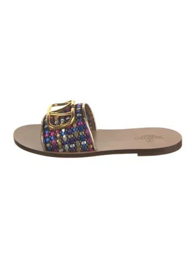 Pre-owned Valentino Garavani Leather Patterned Slides In Neutrals