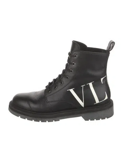 Pre-owned Valentino Garavani Leather Printed Combat Boots In Black