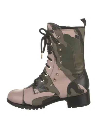 Pre-owned Valentino Garavani Leather Printed Combat Boots In Green