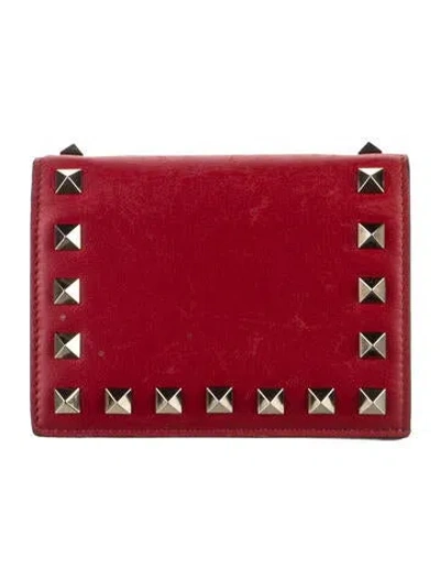 Pre-owned Valentino Garavani Leather Printed Compact Wallet In Red