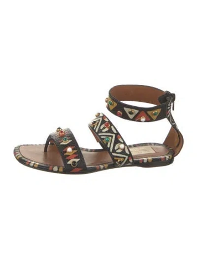 Pre-owned Valentino Garavani Leather Printed Gladiator Sandals In Black