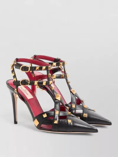 Valentino Garavani Leather Pumps Studs Ankle Strap High Heel In Black