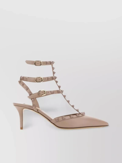 Valentino Garavani Leather Pumps With Pointed Toe And Stud Embellishments In Beige