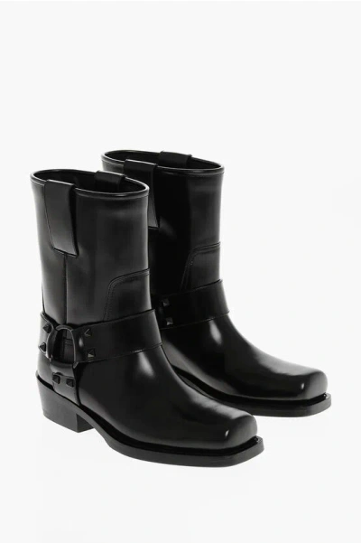 Valentino Garavani Leather Rockstud Biker Booties 4cm In Black