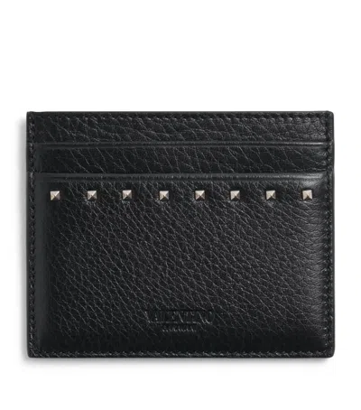 Valentino Garavani Leather Card Holder With Textured Finish And Studded Design In Black