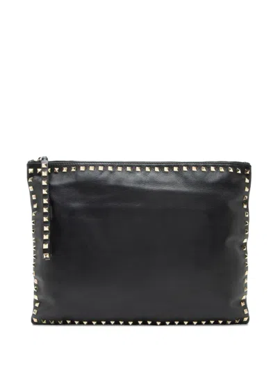 Pre-owned Valentino Garavani Leather Rockstud Clutch Bag In Black