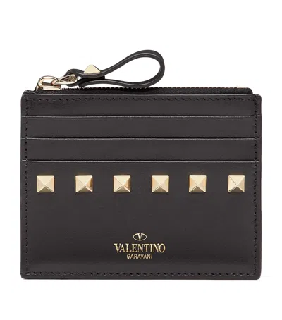 Valentino Garavani Leather Rockstud Coin And Card Holder In Gray