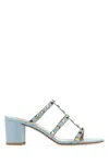Valentino Studded Block Heel Leather Sandals In Bluporcellana