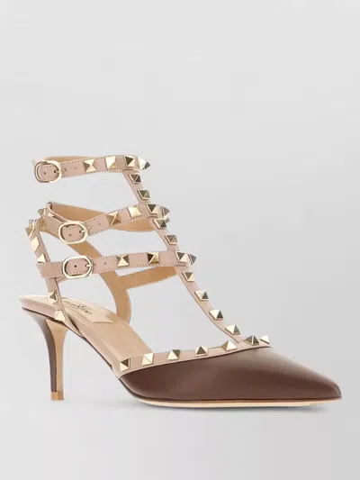 Valentino Garavani Leather Rockstud Pumps Open Sides Pointed Toe In Brown